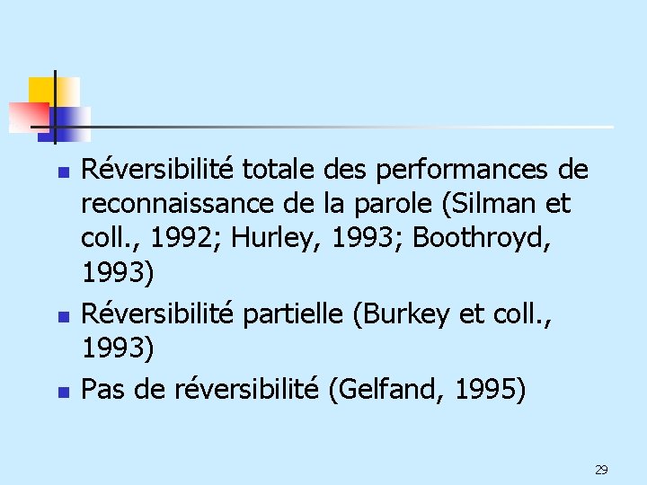 n n n Réversibilité totale des performances de reconnaissance de la parole (Silman et