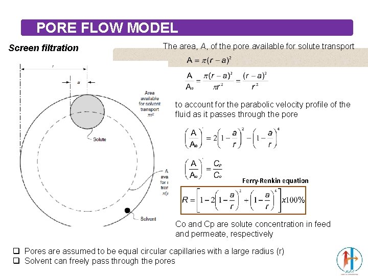 PORE FLOW MODEL Screen filtration The area, A, of the pore available for solute