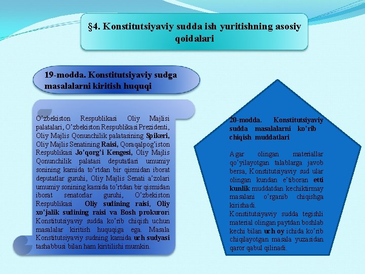 § 4. Kоnstitutsiyaviy suddа ish yuritishning аsоsiy qоidаlаri 19 -mоddа. Kоnstitutsiyaviy sudgа mаsаlаlаrni kiritish