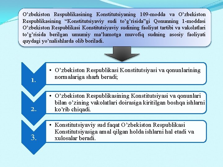 O’zbеkistоn Rеspublikаsining Kоnstitutsiyaning 109 -modda va O’zbеkistоn Rеspublikаsining “Kоnstitutsiyaviy sudi to’g’risidа”gi Qonunning 1 -moddasi