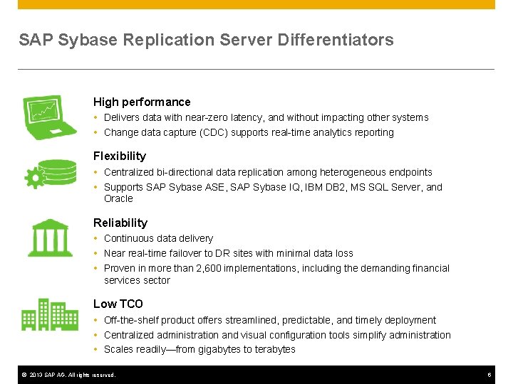 SAP Sybase Replication Server Differentiators High performance Delivers data with near-zero latency, and without