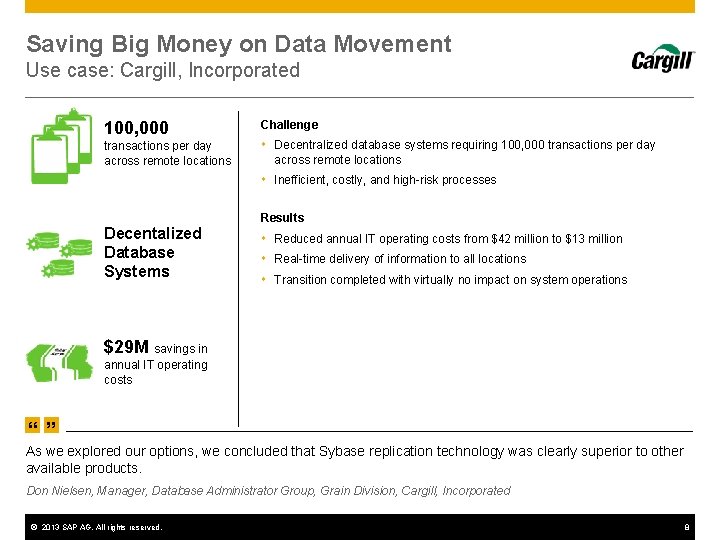 Saving Big Money on Data Movement Use case: Cargill, Incorporated 100, 000 transactions per