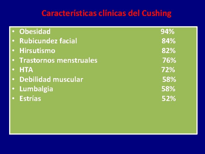 Características clínicas del Cushing • • Obesidad Rubicundez facial Hirsutismo Trastornos menstruales HTA Debilidad
