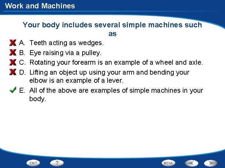 Work and Machines Your body includes several simple machines such as A. B. C.