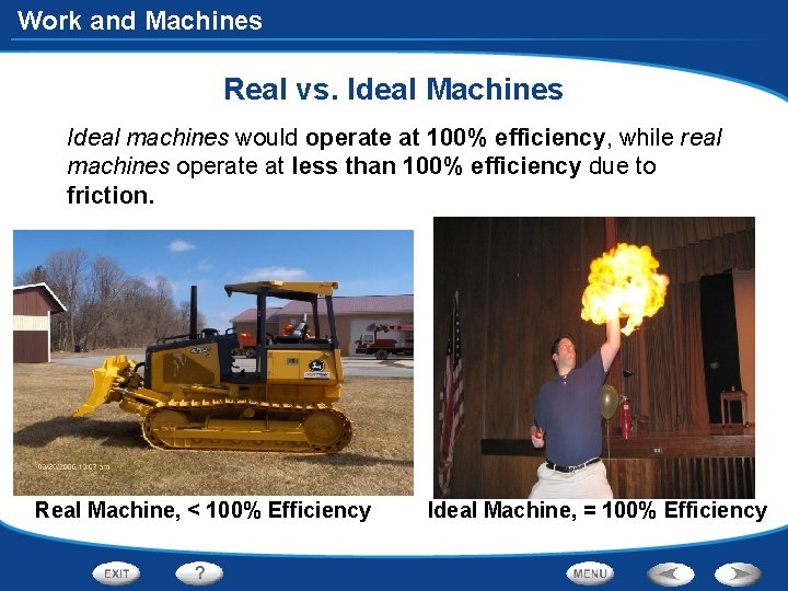 Work and Machines Real vs. Ideal Machines Ideal machines would operate at 100% efficiency,
