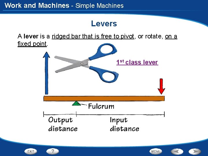 Work and Machines - Simple Machines Levers A lever is a ridged bar that