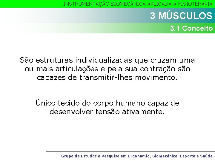 INSTRUMENTAÇÃO BIOMEC NICA APLICADA À FISIOTERAPIA 3 MÚSCULOS 3. 1 Conceito São estruturas individualizadas