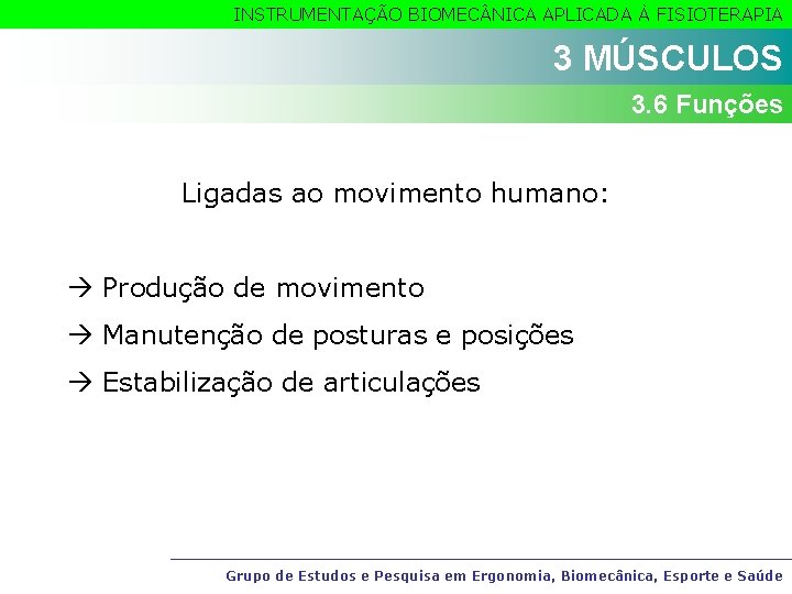 INSTRUMENTAÇÃO BIOMEC NICA APLICADA À FISIOTERAPIA 3 MÚSCULOS 3. 6 Funções Ligadas ao movimento