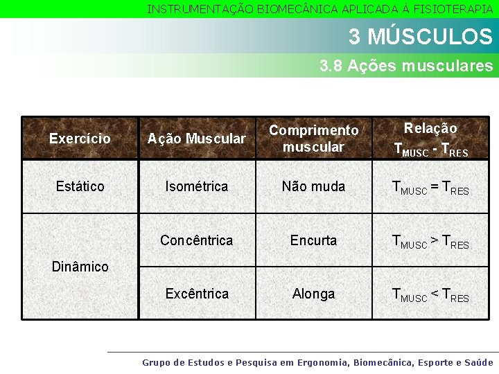 INSTRUMENTAÇÃO BIOMEC NICA APLICADA À FISIOTERAPIA 2 MÚSCULOS 3. 8 Ações musculares Exercício Ação