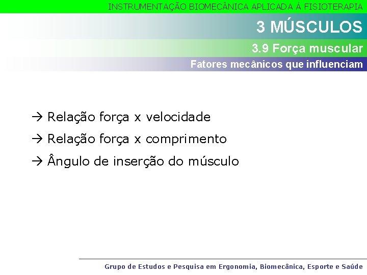 INSTRUMENTAÇÃO BIOMEC NICA APLICADA À FISIOTERAPIA 3 MÚSCULOS 3. 9 Força muscular Fatores mecânicos