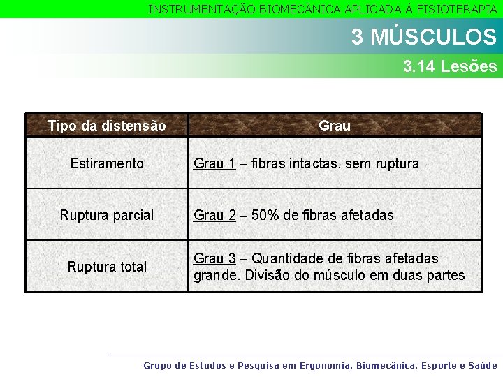 INSTRUMENTAÇÃO BIOMEC NICA APLICADA À FISIOTERAPIA 3 MÚSCULOS 3. 14 Lesões Tipo da distensão