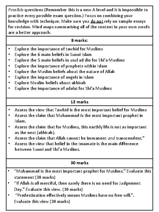 Possible questions (Remember this is a new A level and it is impossible to