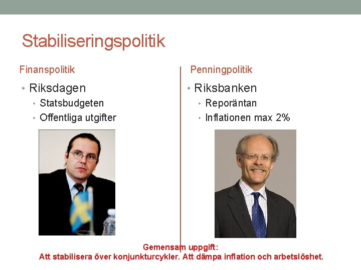 Stabiliseringspolitik Finanspolitik Penningpolitik • Riksdagen • Statsbudgeten • Offentliga utgifter • Riksbanken • Reporäntan