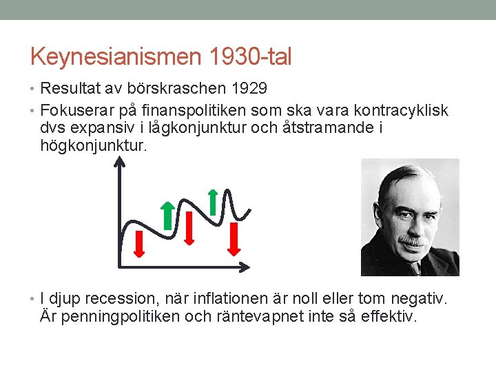 Keynesianismen 1930 -tal • Resultat av börskraschen 1929 • Fokuserar på finanspolitiken som ska