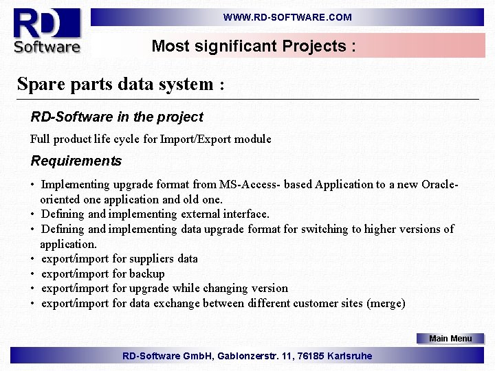 WWW. RD-SOFTWARE. COM Most significant Projects : Spare parts data system : RD-Software in