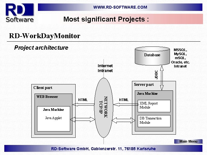 WWW. RD-SOFTWARE. COM Most significant Projects : RD-Work. Day. Monitor Project architecture Database JDBC