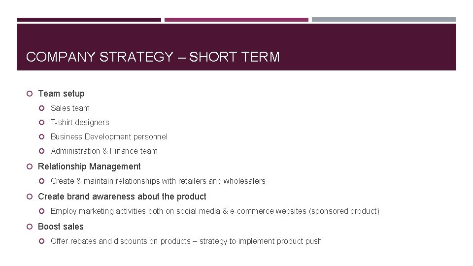 COMPANY STRATEGY – SHORT TERM Team setup Sales team T-shirt designers Business Development personnel