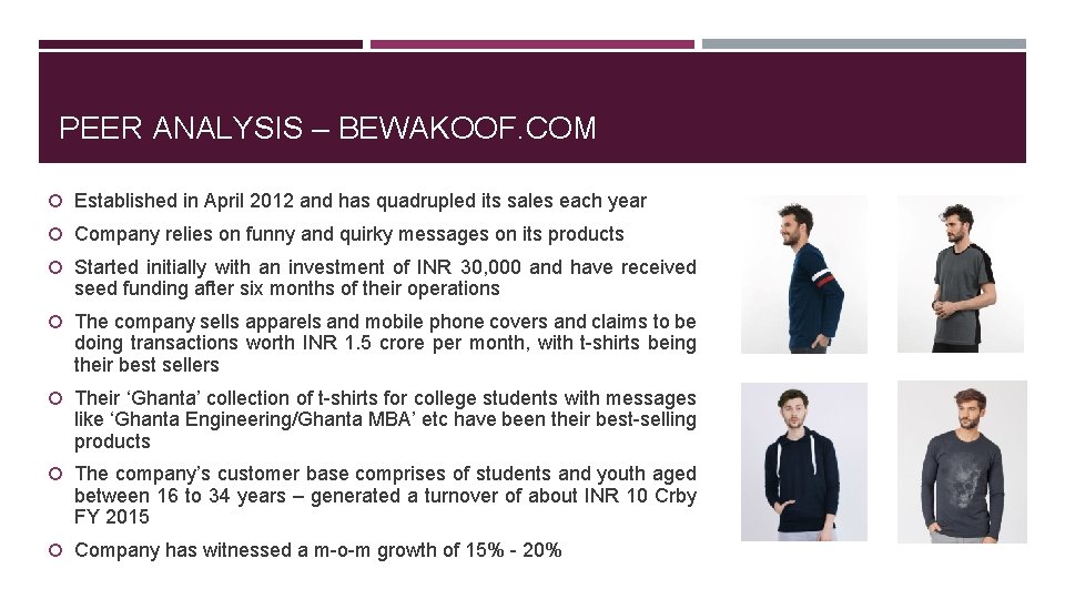 PEER ANALYSIS – BEWAKOOF. COM Established in April 2012 and has quadrupled its sales