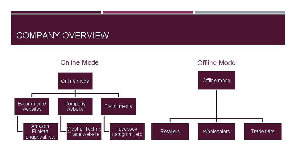 COMPANY OVERVIEW Online Mode Offline mode Online mode E-commerce websites Amazon, Flipkart, Snapdeal, etc.