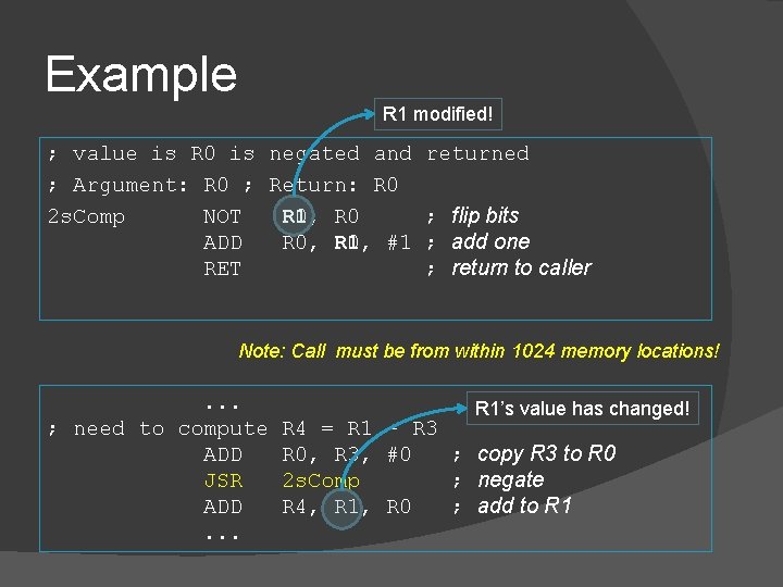 Example R 1 modified! ; value is R 0 is negated and returned ;