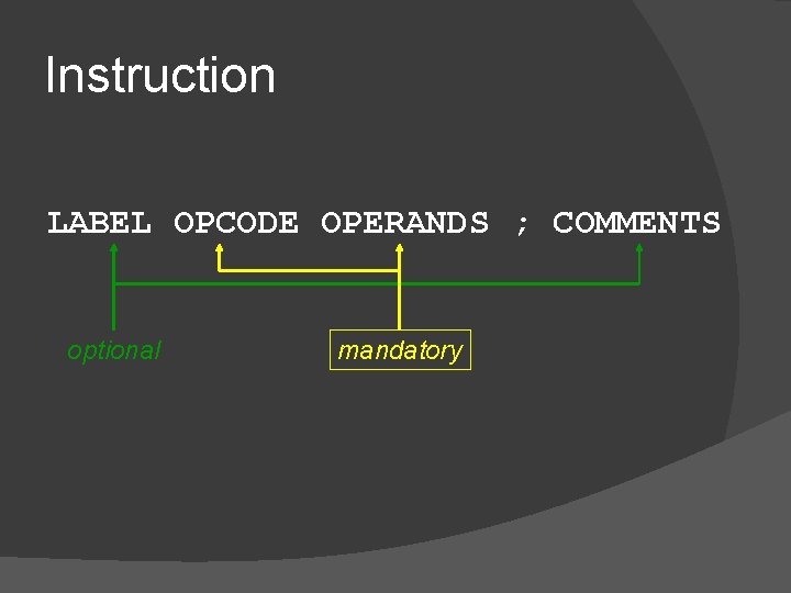 Instruction LABEL OPCODE OPERANDS ; COMMENTS optional mandatory 