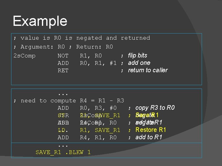 Example ; value is R 0 is negated and returned ; Argument: R 0
