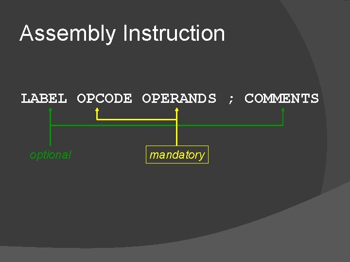 Assembly Instruction LABEL OPCODE OPERANDS ; COMMENTS optional mandatory 