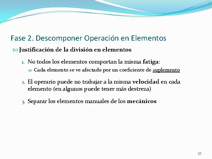 Fase 2. Descomponer Operación en Elementos Justificación de la división en elementos 1. No