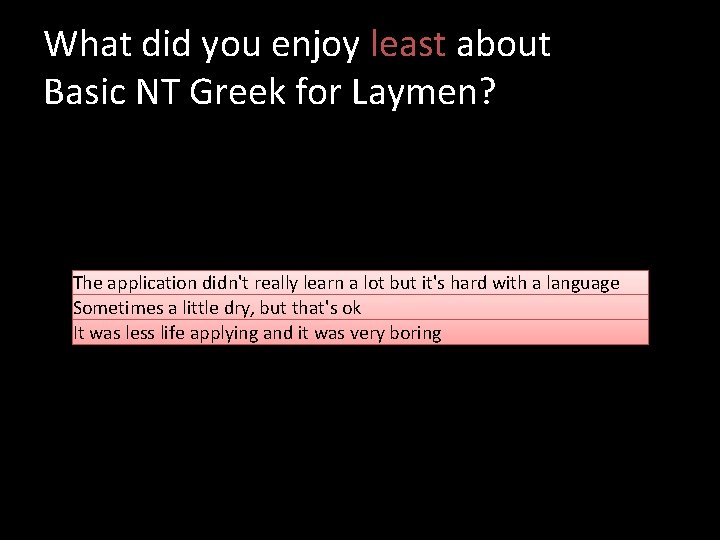 What did you enjoy least about Basic NT Greek for Laymen? The application didn't