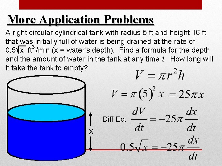 More Application Problems A right circular cylindrical tank with radius 5 ft and height More Application Problems A right circular cylindrical tank with radius 5 ft and height