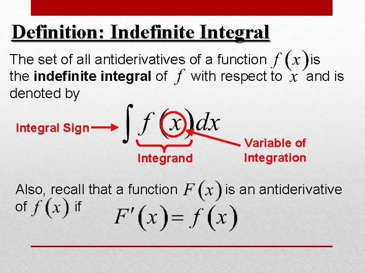 Definition: Indefinite Integral The set of all antiderivatives of a function the indefinite integral Definition: Indefinite Integral The set of all antiderivatives of a function the indefinite integral