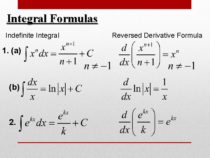 Integral Formulas Indefinite Integral 1. (a) (b) 2. Reversed Derivative Formula Integral Formulas Indefinite Integral 1. (a) (b) 2. Reversed Derivative Formula