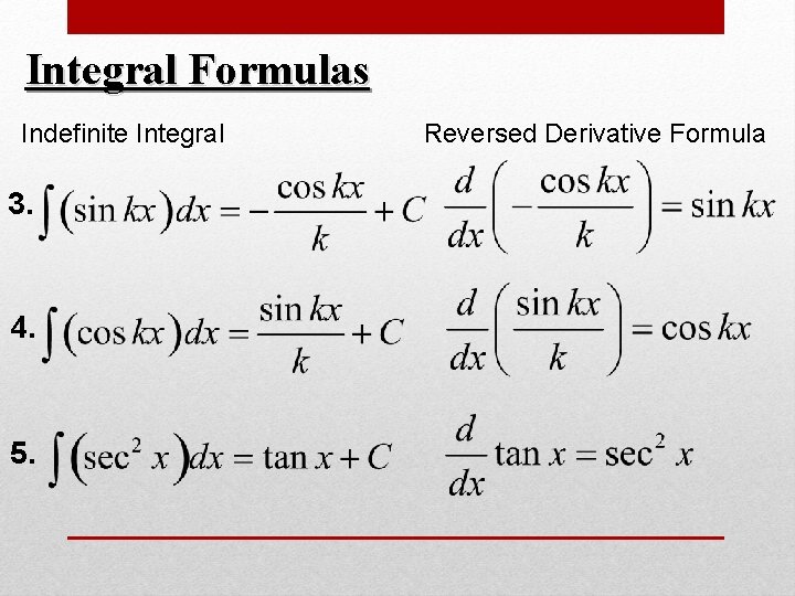 Integral Formulas Indefinite Integral 3. 4. 5. Reversed Derivative Formula Integral Formulas Indefinite Integral 3. 4. 5. Reversed Derivative Formula