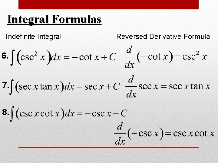 Integral Formulas Indefinite Integral 6. 7. 8. Reversed Derivative Formula Integral Formulas Indefinite Integral 6. 7. 8. Reversed Derivative Formula