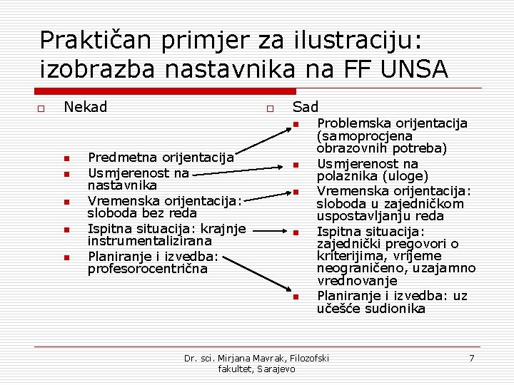 Praktičan primjer za ilustraciju: izobrazba nastavnika na FF UNSA o Nekad o Sad n Praktičan primjer za ilustraciju: izobrazba nastavnika na FF UNSA o Nekad o Sad n