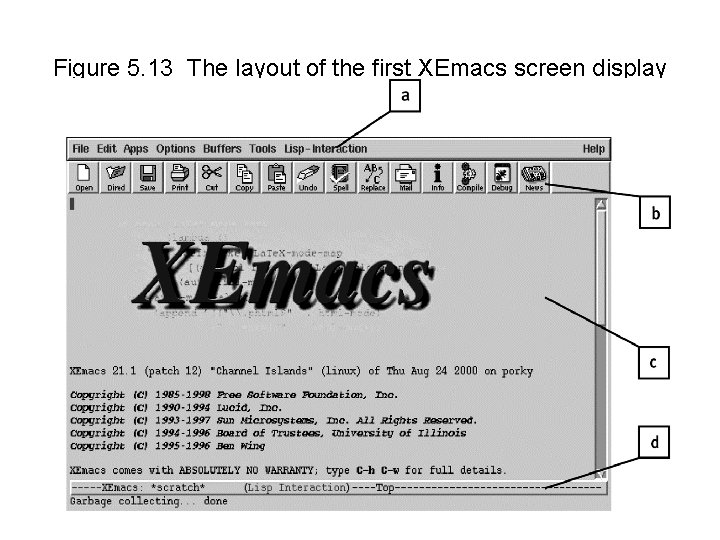 Figure 5. 13 The layout of the first XEmacs screen display 
