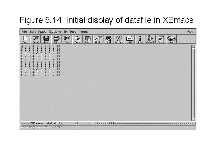 Figure 5. 14 Initial display of datafile in XEmacs 