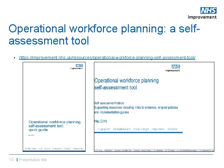 Operational workforce planning: a selfassessment tool • https: //improvement. nhs. uk/resources/operational-workforce-planning-self-assessment-tool/ 10 | Presentation Operational workforce planning: a selfassessment tool • https: //improvement. nhs. uk/resources/operational-workforce-planning-self-assessment-tool/ 10 | Presentation