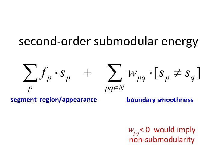 second-order submodular energy segment region/appearance boundary smoothness wpq< 0 would imply non-submodularity 