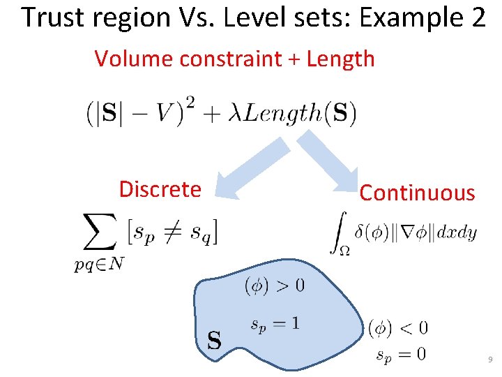 Trust region Vs. Level sets: Example 2 Volume constraint + Length Discrete Continuous 9