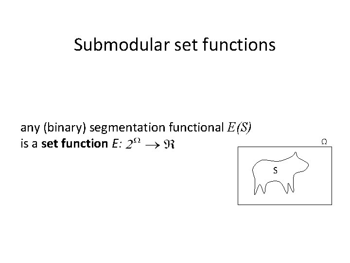 Submodular set functions any (binary) segmentation functional E(S) is a set function E: Ω