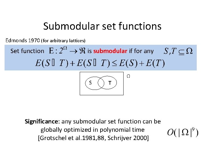 Submodular set functions Edmonds 1970 (for arbitrary lattices) Set function is submodular if for