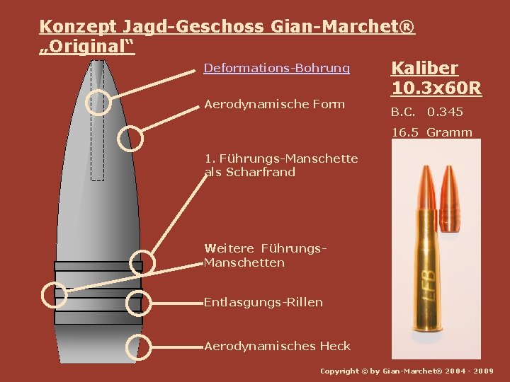 Konzept Jagd-Geschoss Gian-Marchet® „Original“ Deformations-Bohrung Kaliber 10. 3 x 60 R Aerodynamische Form B.