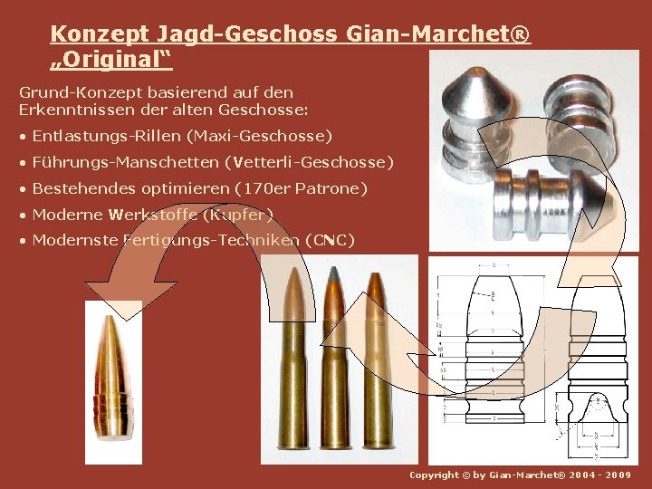Konzept Jagd-Geschoss Gian-Marchet® „Original“ Grund-Konzept basierend auf den Erkenntnissen der alten Geschosse: • Entlastungs-Rillen