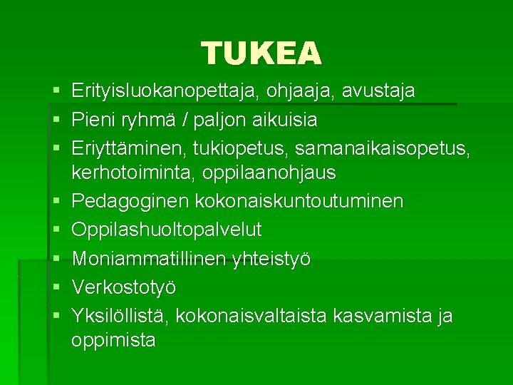 TUKEA § Erityisluokanopettaja, ohjaaja, avustaja § Pieni ryhmä / paljon aikuisia § Eriyttäminen, tukiopetus,