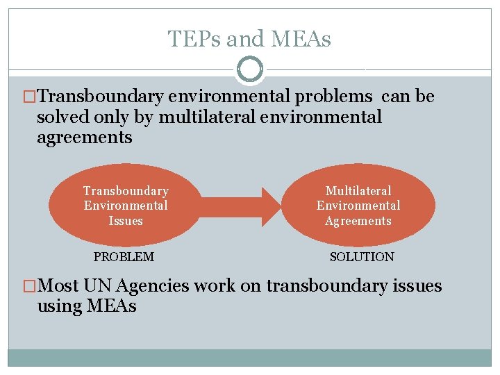 TEPs and MEAs �Transboundary environmental problems can be solved only by multilateral environmental agreements
