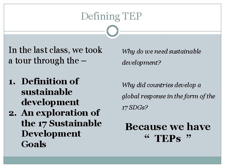 Defining TEP In the last class, we took a tour through the – 1.
