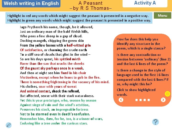 Welsh writing in in English A Peasant – by R S Thomas– Activity A