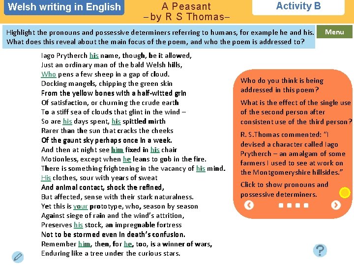 Welsh writing in in English A Peasant – by R S Thomas– Activity B