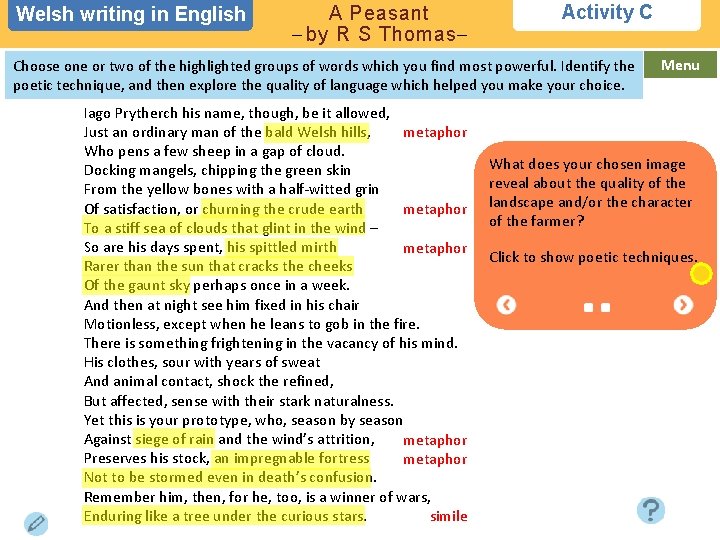 Welsh writing in in English A Peasant – by R S Thomas– Activity C